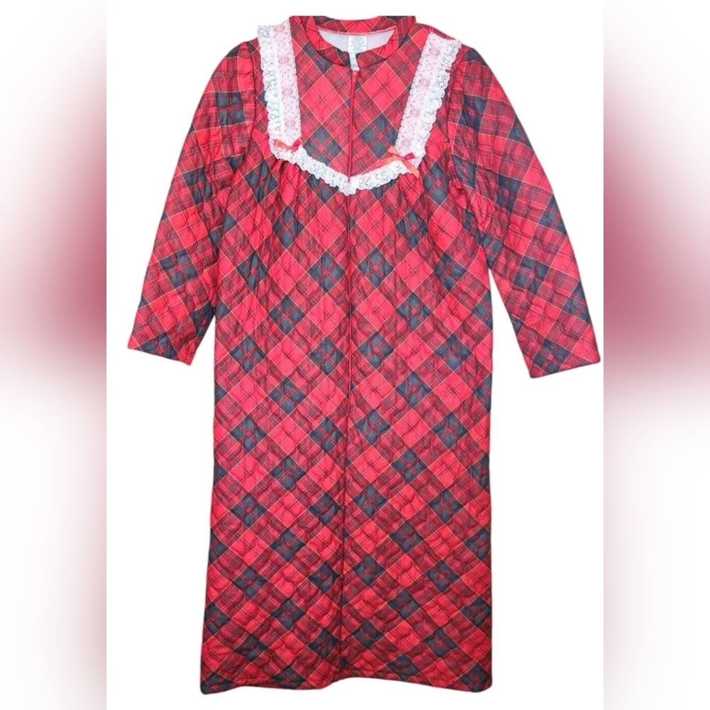 VTG JC Penney 80's Girls 14  Christmas Plaid Housecoat Robe Zip Front Lace Quilt